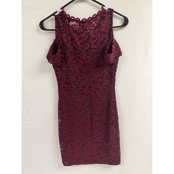 Ambiance Juniors Girls Lace Bodycon Dress Burgundy Cold Shoulder Size Small - Picture 2 of 4